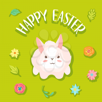 Happy Easter greeting card. Holiday illustration with bunny at meadow.