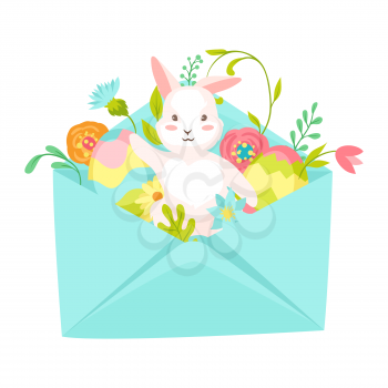 Happy Easter greeting card. Holiday illustration with bunny in envelope.