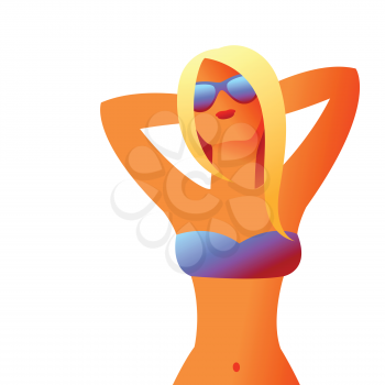 Girl in bikini on beach. Beautiful tanned blond woman in sunglasses.