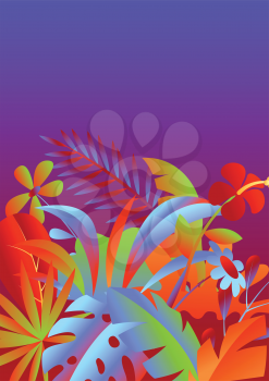 Background with tropical leaves and flowers. Decorative exotic foliage and plants.