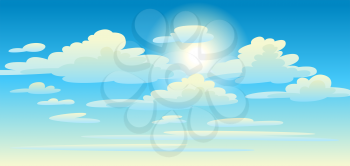 Illustration of clouds in sky. Card or background with heaven and sunny day.
