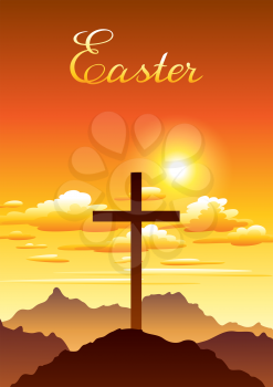 Easter illustration. Greeting card with cross and clouds. Religious symbol of faith.