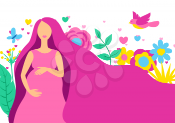 Happy pregnancy. Pretty pregnant woman. Baby shower invitation. Child waiting illustration.