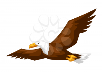 Bald eagle cartoon illustration. Bird stand on white background.