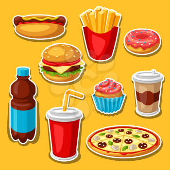 Set of fast food meal. Tasty fastfood lunch collection.