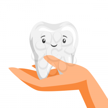 Illustration of smiling tooth on hand. Children dentistry happy character. Kawaii facial expression.