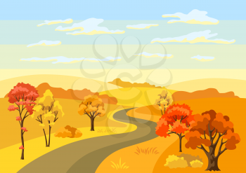 Autumn background with landscape and stylized trees. Natural illustration.