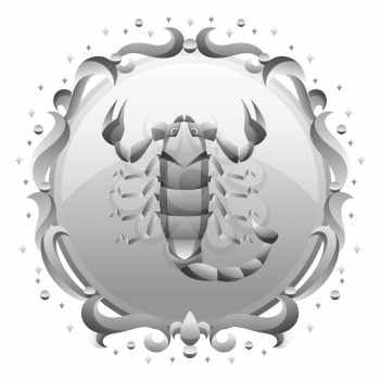 Scorpio zodiac sign with silver frame. Horoscope symbol. Stylized astrological illustration.