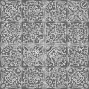 Ancient mosaic ceramic tile pattern. Black tessellation ornament. Floral decorative texture.