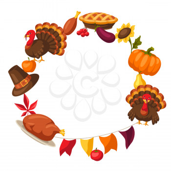 Happy Thanksgiving Day greeting card with holiday objects.