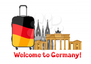 German background design with suitcase. Cologne Cathedral and Brandenburg Gate.