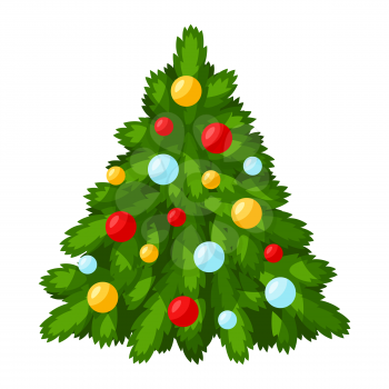 Illustration of Christmas tree with decorations. Stylized flat icon.