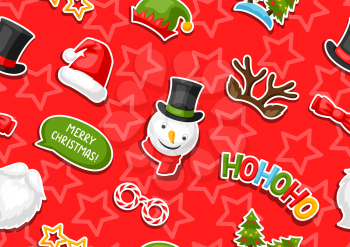 Merry Christmas seamless pattern with photo booth stickers. Background for festival and party.