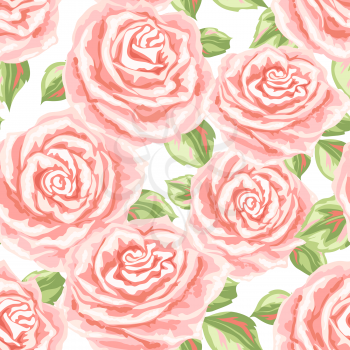 Seamless pattern with pink roses. Beautiful realistic flowers, buds and leaves.