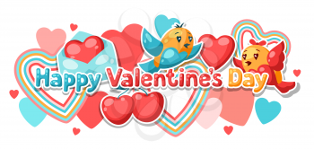Happy Valentine Day greeting card. Kawaii illustration with love symbols.