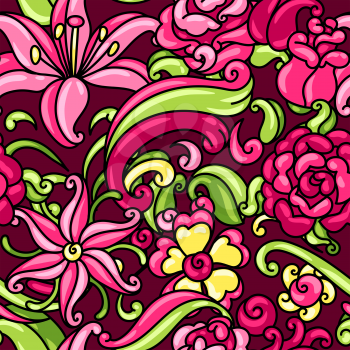 Seamless pattern with roses and lilies. Beautiful decorative flowers, buds and leaves.