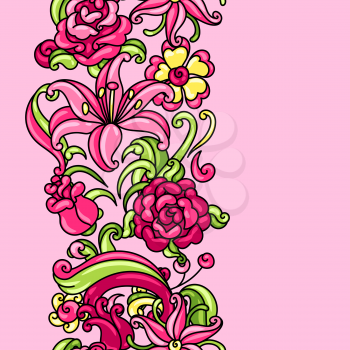 Seamless pattern with roses and lilies. Beautiful decorative flowers, buds and leaves.