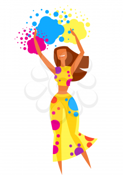 Happy dancing girl throw paint. Poster for Holi color festival.