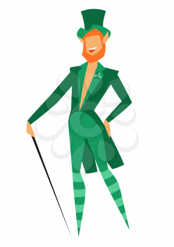Illustration of Irish fantastic character leprechaun. Saint Patricks Day celebration. Stylish man in traditional costume.