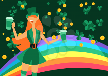 Saint Patricks Day greeting card with leprechaun girl. Holiday illustration with Irish symbol.