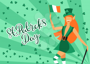 Saint Patricks Day greeting card with leprechaun girl. Holiday illustration with Irish symbol.