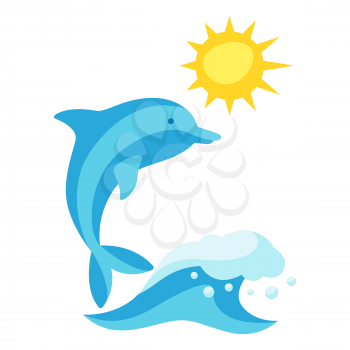 Summer illustration with wave and dolphin. Print in simple cartoon style.
