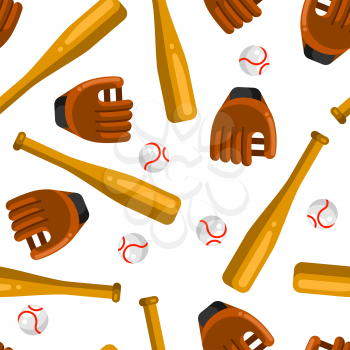 Seamless pattern with baseball gloves, balls and bats in flat style. Stylized sport equipment background.
