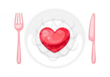 Valentines Day heart on plate with fork and knif. Illustrations in cartoon style.
