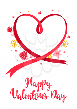 Valentine Day greeting card. Background with romantic flowers and hearts. Beautiful decorative plants.