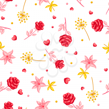 Seamless pattern with romantic flowers. Valentine Day background. Beautiful decorative plants and hearts.