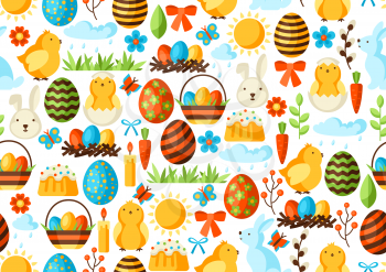 Happy Easter seamless pattern with holiday items. Decorative symbols and objects, eggs, bunnies.
