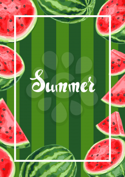 Background with watermelons and slices. Summer fruit decorative illustration.