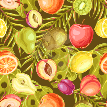 Seamless pattern with ripe fruits and palm leaves. Tropical vegetarian food decorative illustration.