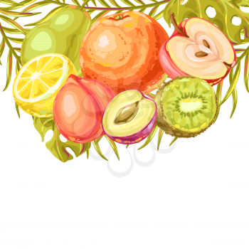 Background with ripe fruits and palm leaves. Tropical vegetarian food decorative illustration.