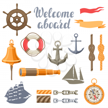Collection of nautical symbols and items. Marine retro decorative illustration.