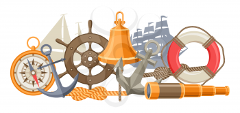 Background with nautical symbols and items. Marine retro decorative illustration.