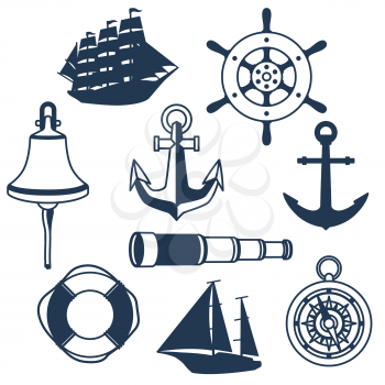 Collection of nautical symbols and items. Marine retro decorative illustration.