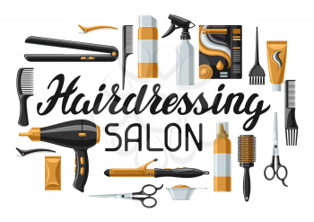 Barbershop banner with professional hairdressing tools. Haircutting salon background.