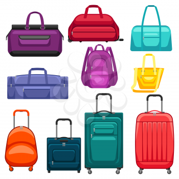 Set of travel suitcases and bags. Collection for tourism and shops.