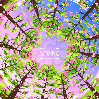 Spring forest background with stylized trees. Seasonal illustration.