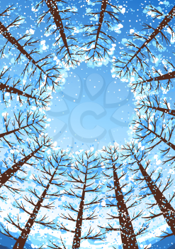 Winter forest background with stylized trees. Seasonal illustration.