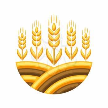 Illustration of field with ripe wheat ears. Agricultural emblem.