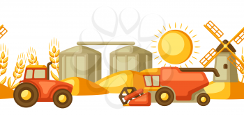 Agricultural seamless pattern with harvesting items. Combine harvester, tractor and granary.