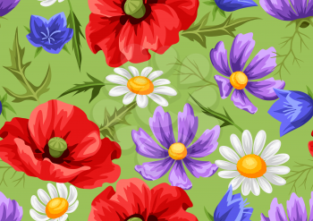 Seamless pattern with summer flowers. Beautiful realistic poppies, daisies and bells.