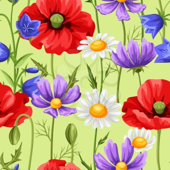 Seamless pattern with summer flowers. Beautiful realistic poppies, daisies and bells.