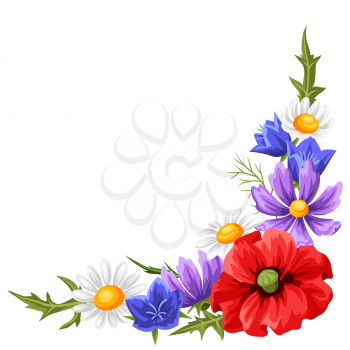 Decorative element with summer flowers. Beautiful realistic poppies, daisies and bells.