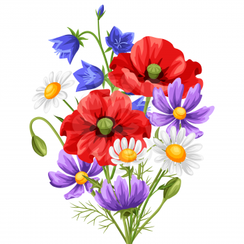 Bouquet with summer flowers. Beautiful realistic poppies, daisies and bells.