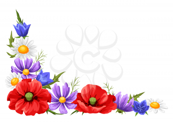Decorative element with summer flowers. Beautiful realistic poppies, daisies and bells.