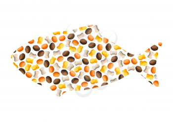 Background with fish dry food for cats or dogs. Illustration of animal feed.
