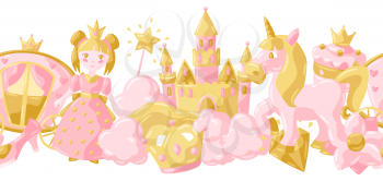 Princess party items seamless pattern. Fairy kingdom and magic world background. Decoration for children celebration.